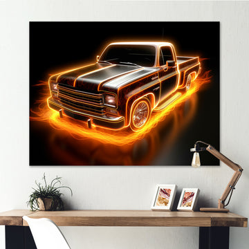 Neon Light Strips Orange Pickup Truck - Truck Pickup Canvas Wall Art
